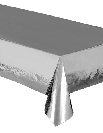 Stříbrný metalický plastový ubrus 137 x 274 cm voděodolné a opakovaně použitelné