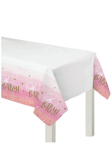 Oh baby růžový a zlatý plastový ubrus 137 x 259 cm pro miminko