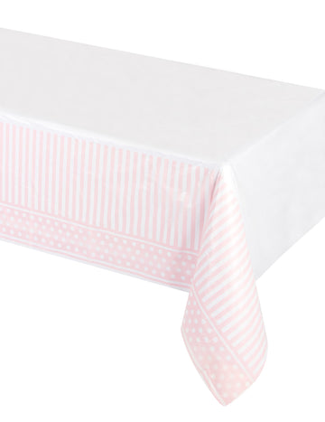 Růžovobílý pruhovaný a puntíkovaný plastový ubrus 137 x 259 cm