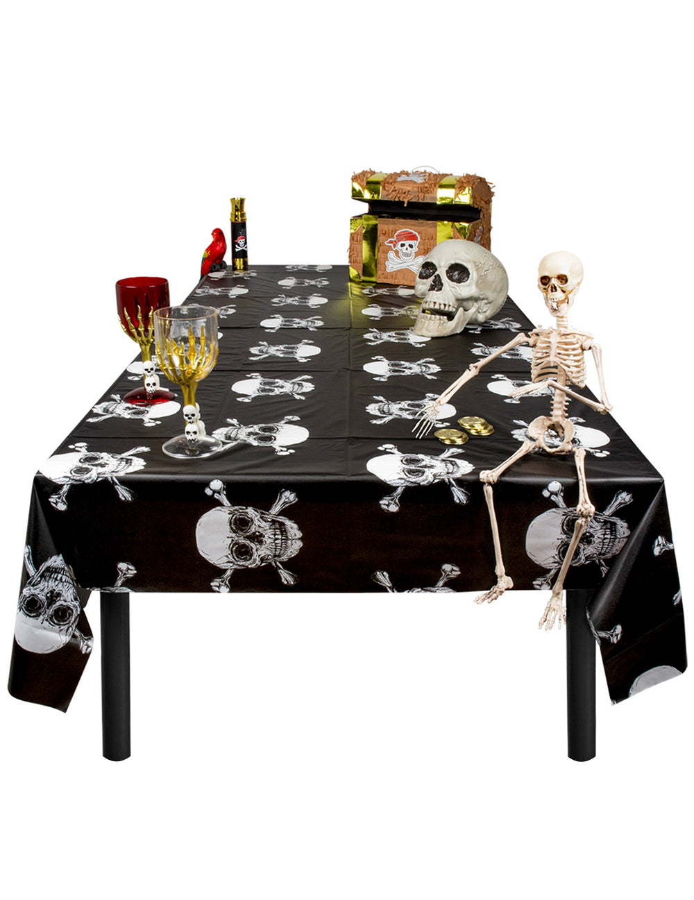 Mise en situation sur table de la nappe en plastique Pirate Jolly Roger