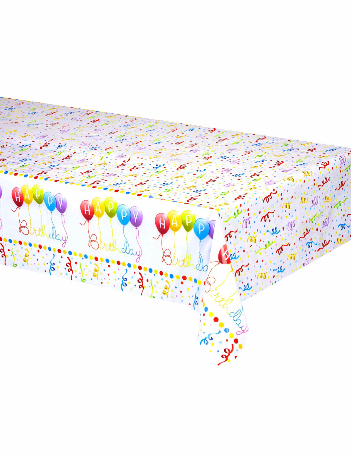 Plastový ubrus Happy Birthday na narozeniny bílý s motivy konfety a barevnými balónky