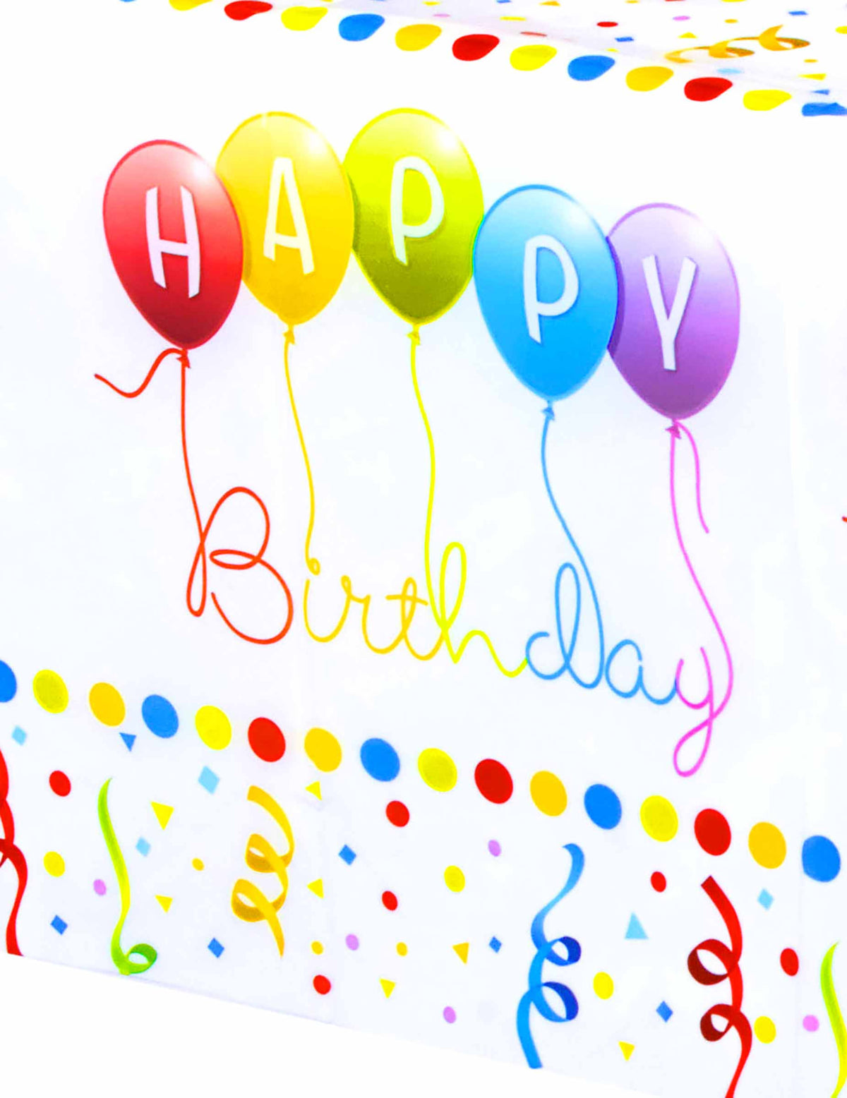 Detail na potisk balónky a konfety na plastovém ubrusu Happy Birthday