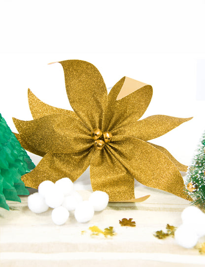 Poinsettia mašle se zlatými třpytivými rolničkami 20 cm pro stůl