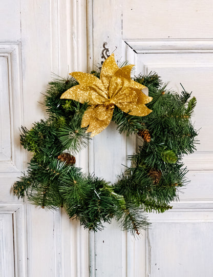 Poinsettia mašle se zlatými třpytivými rolničkami 20 cm pro stůl