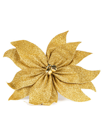 Poinsettia mašle se zlatými třpytivými rolničkami 20 cm pro stůl