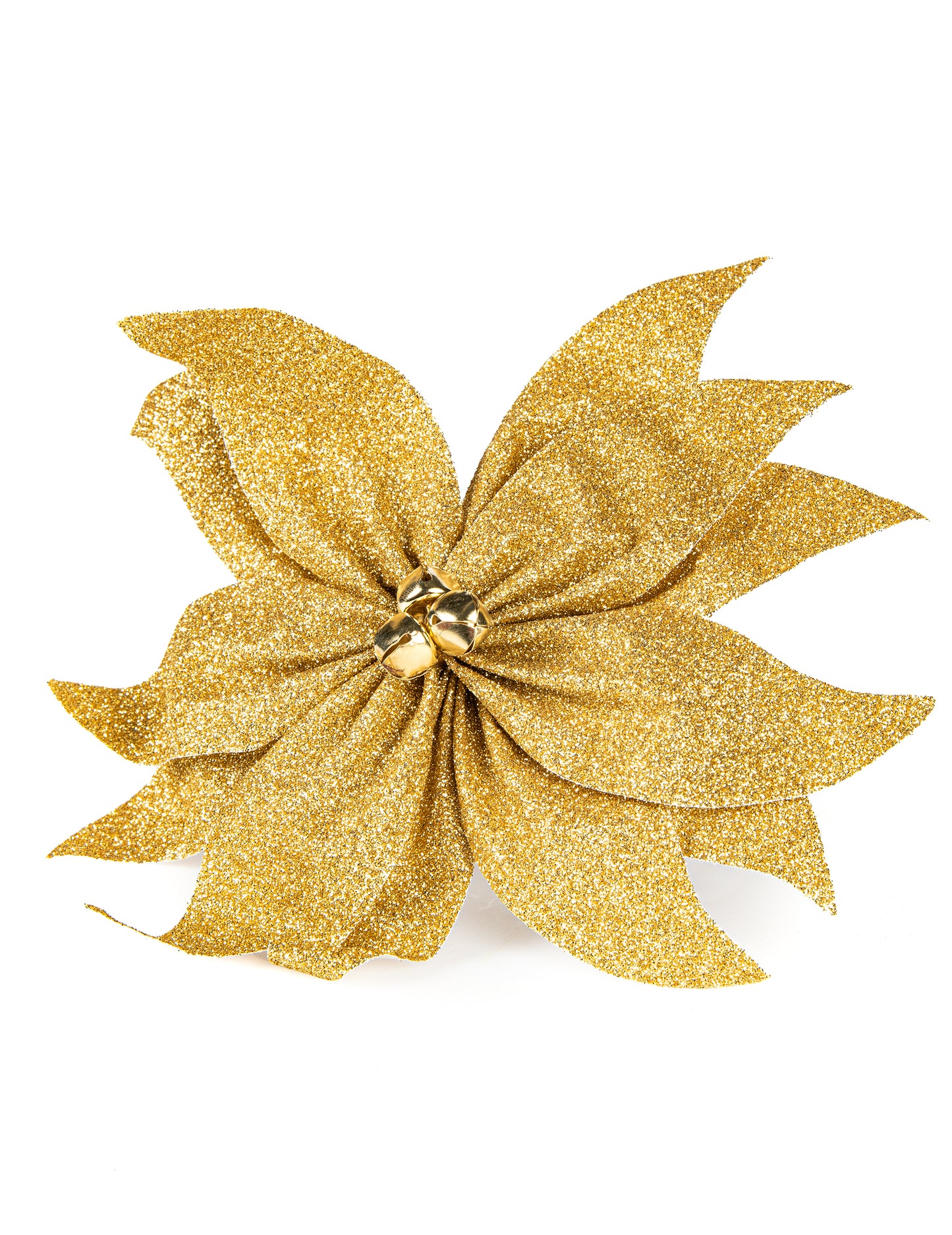 Poinsettia mašle se zlatými třpytivými rolničkami 20 cm pro stůl