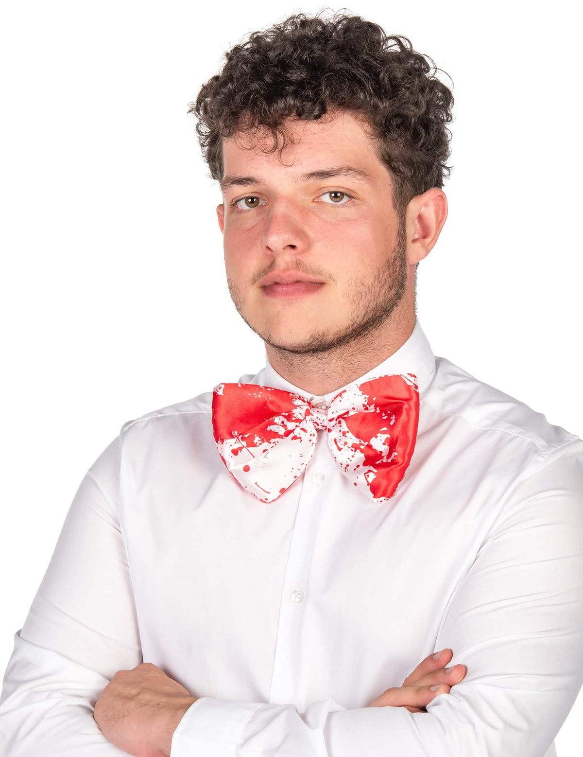 dospělý bílá a červená motýl kravata potřísněná krví