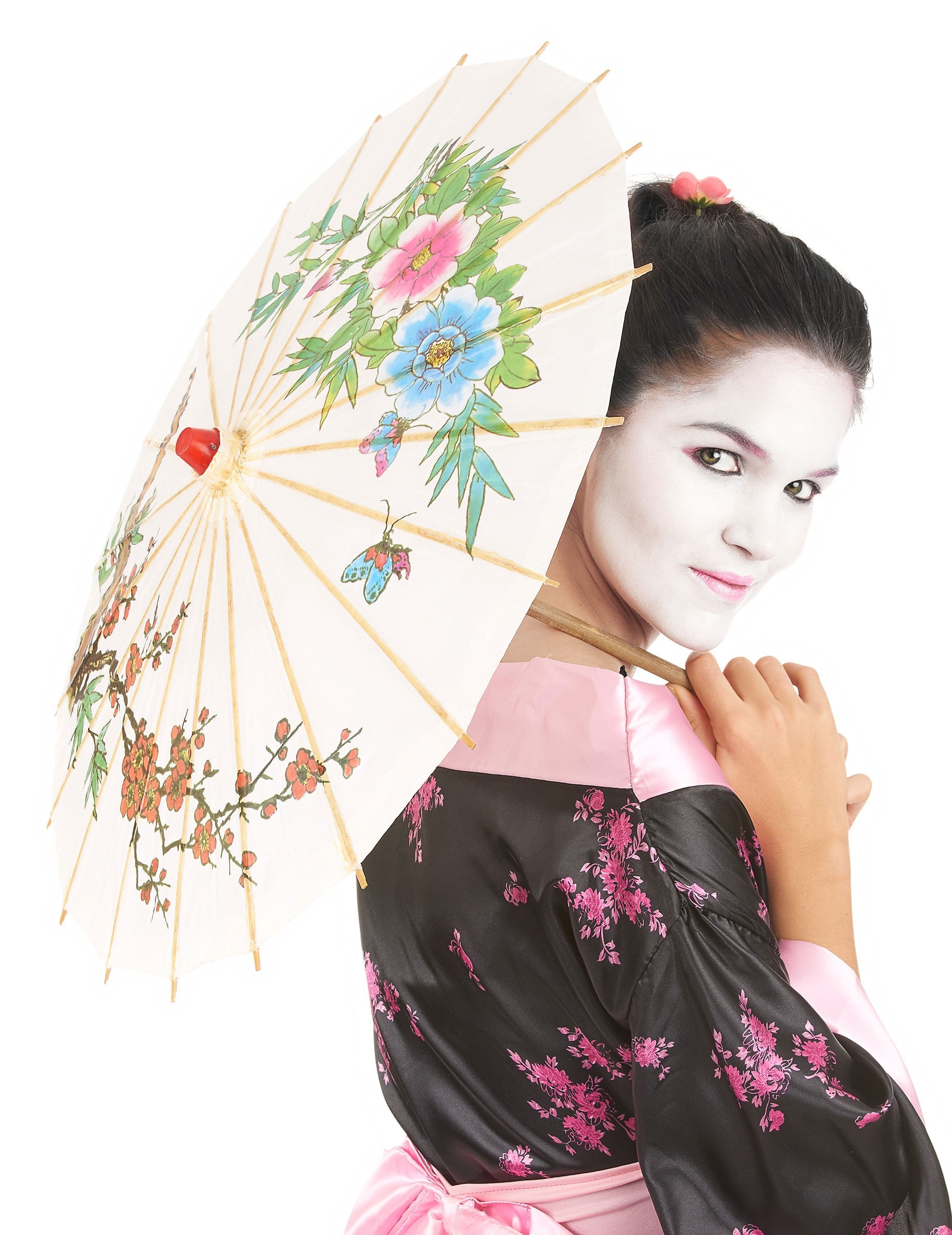 Vue de profil portée de l'ombrelle chinoise blanche à motifs de fleurs et papillons