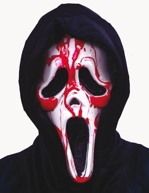 Masque sanglant Scream pour adulte blanc avec traces de sang rouges et cagoule noire