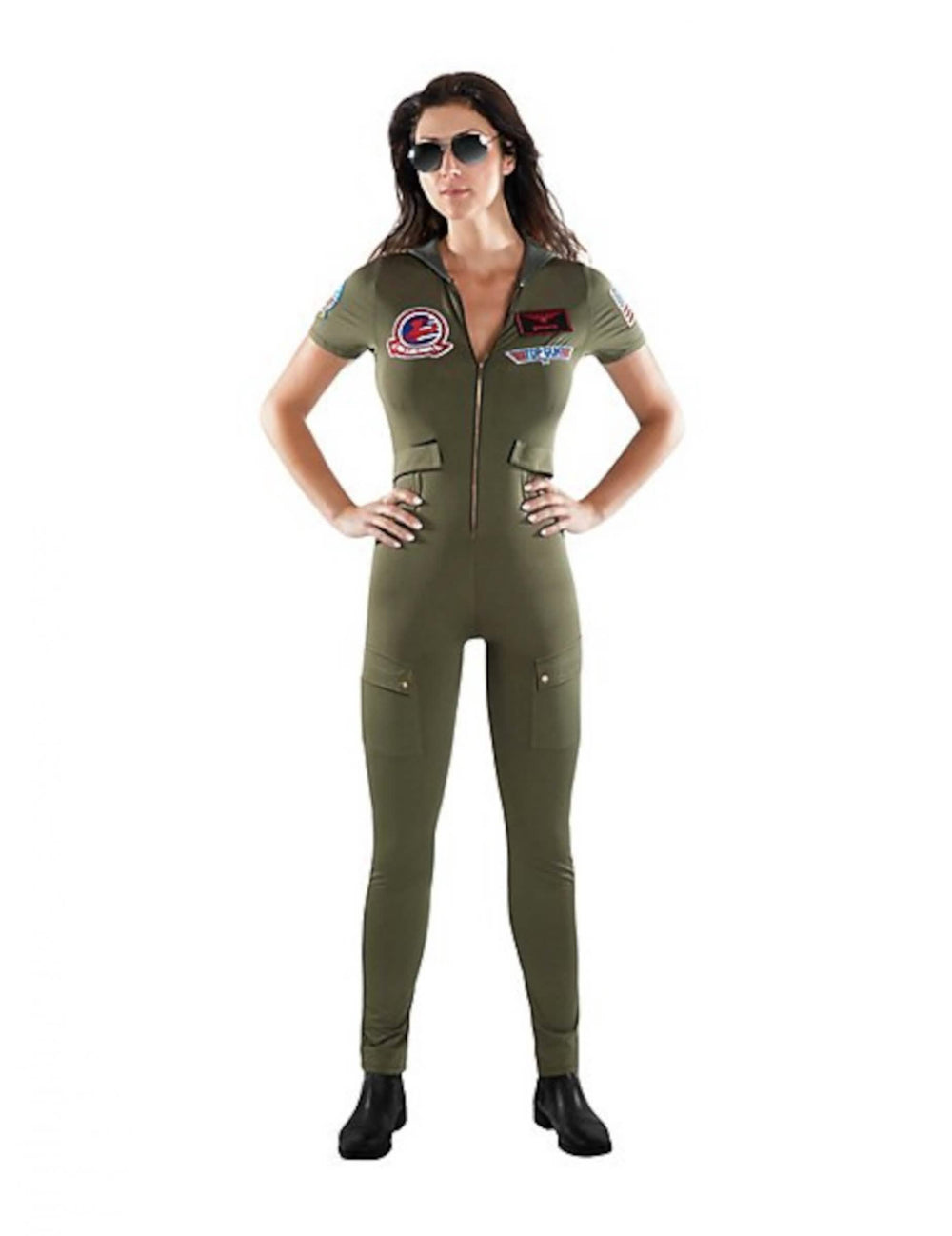 Kostým kombinéza Top Gun pro dospělý v khaki zelená s nášivkami