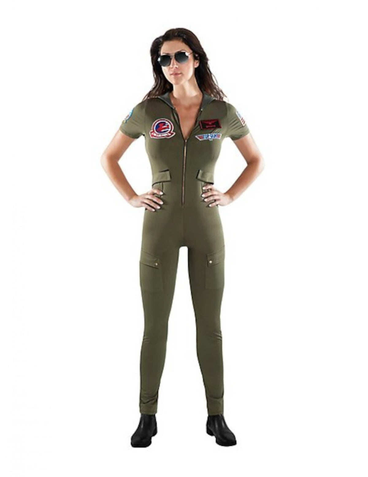 Kostým kombinéza Top Gun pro dospělý v khaki zelená s nášivkami