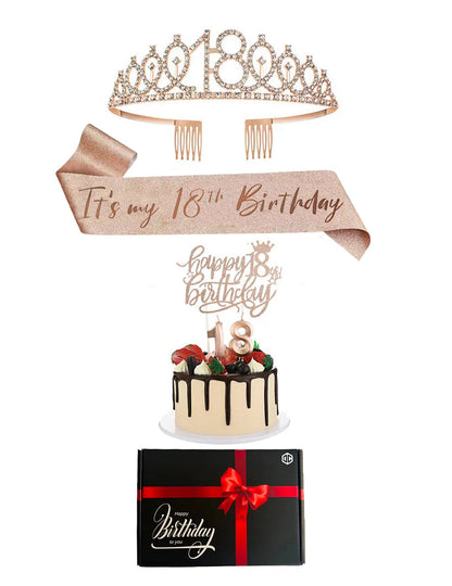 Pack d'accessoires anniversaire 18 ans pour femme or rose avec diadème et écharpe