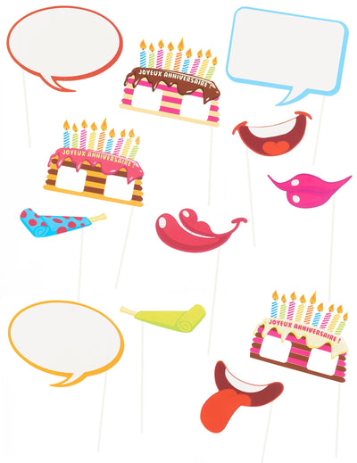 Pack photobooth anniversaire pour fête multicolore avec bulles et gâteaux