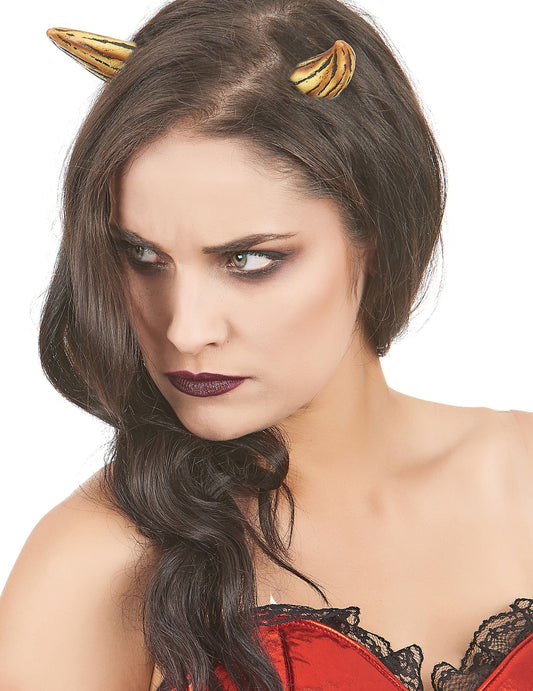 Paire de cornes de diable en latex pour adulte jaune et noir luxe