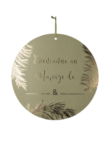 Kartonová cedule vítejte na svatbě... khaki a zlaté zlacení 38 cm personalizovat