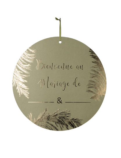 Pancarte en carton Bienvenue au mariage de pour mariage kaki et dorure or à personnaliser