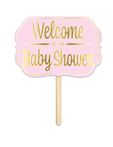 Kartonová cedule vítejte na miminko růžová 25 x 36 cm s dřevěnou tyčí