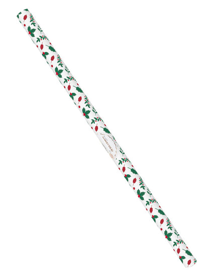 Papier cadeau houx de Noël blanc avec motifs verts et rouges
