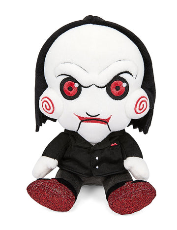 Peluche Saw pour enfant et adulte noir et blanc avec spirales et chaussures rouges pailletées