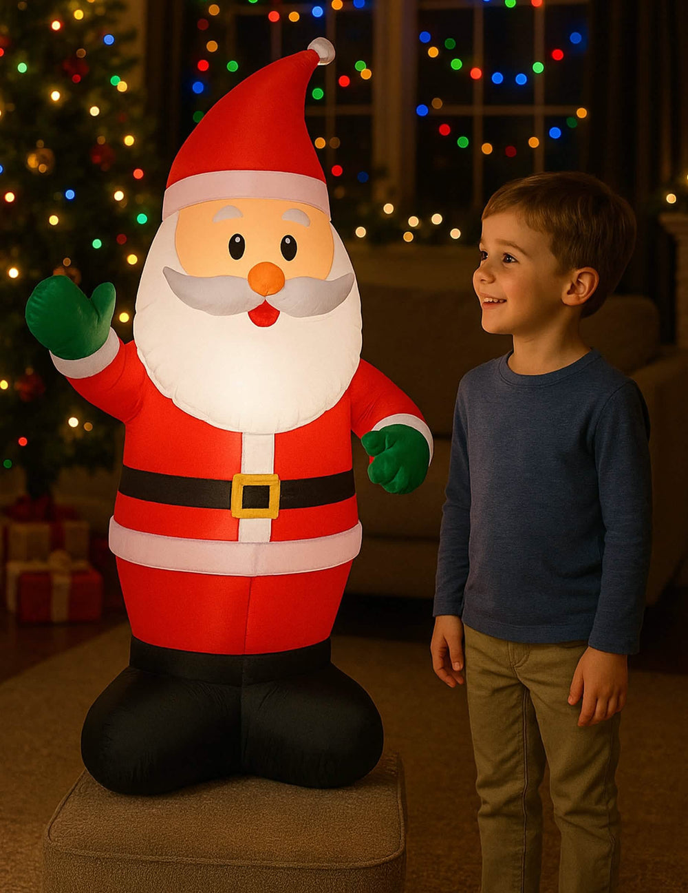 Père Noël gonflable lumineux de Noël pour décoration rouge et blanc avec gants verts