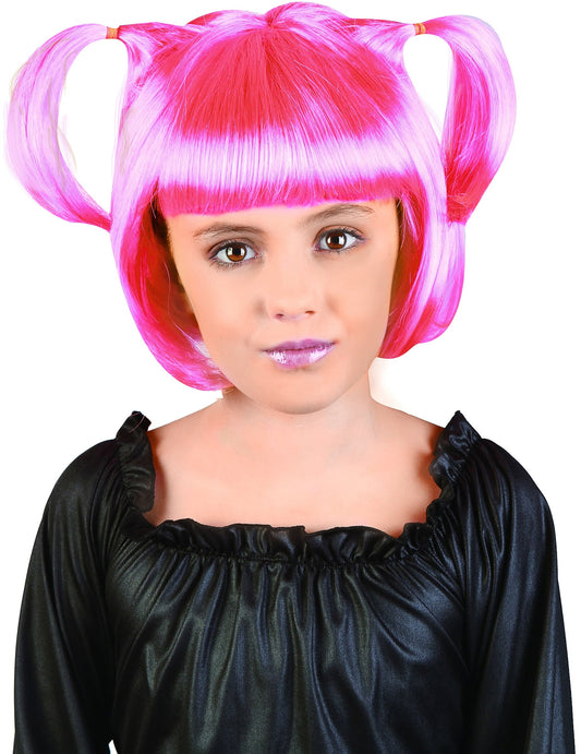 Perruque à couettes pour fille rose fluo