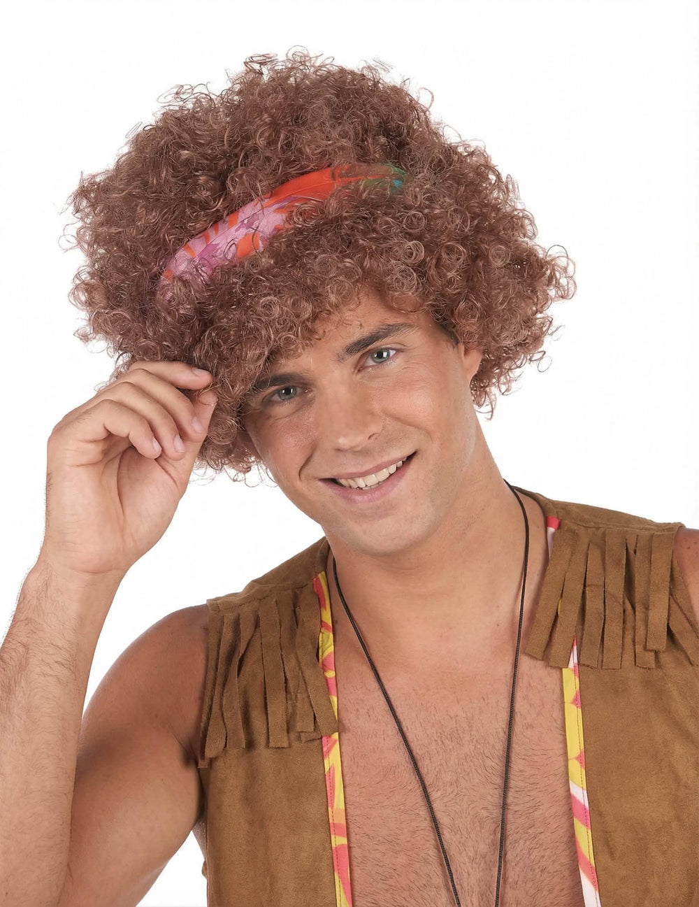 Afro paruka hippie pro muže kaštanová s barevná čelenkou