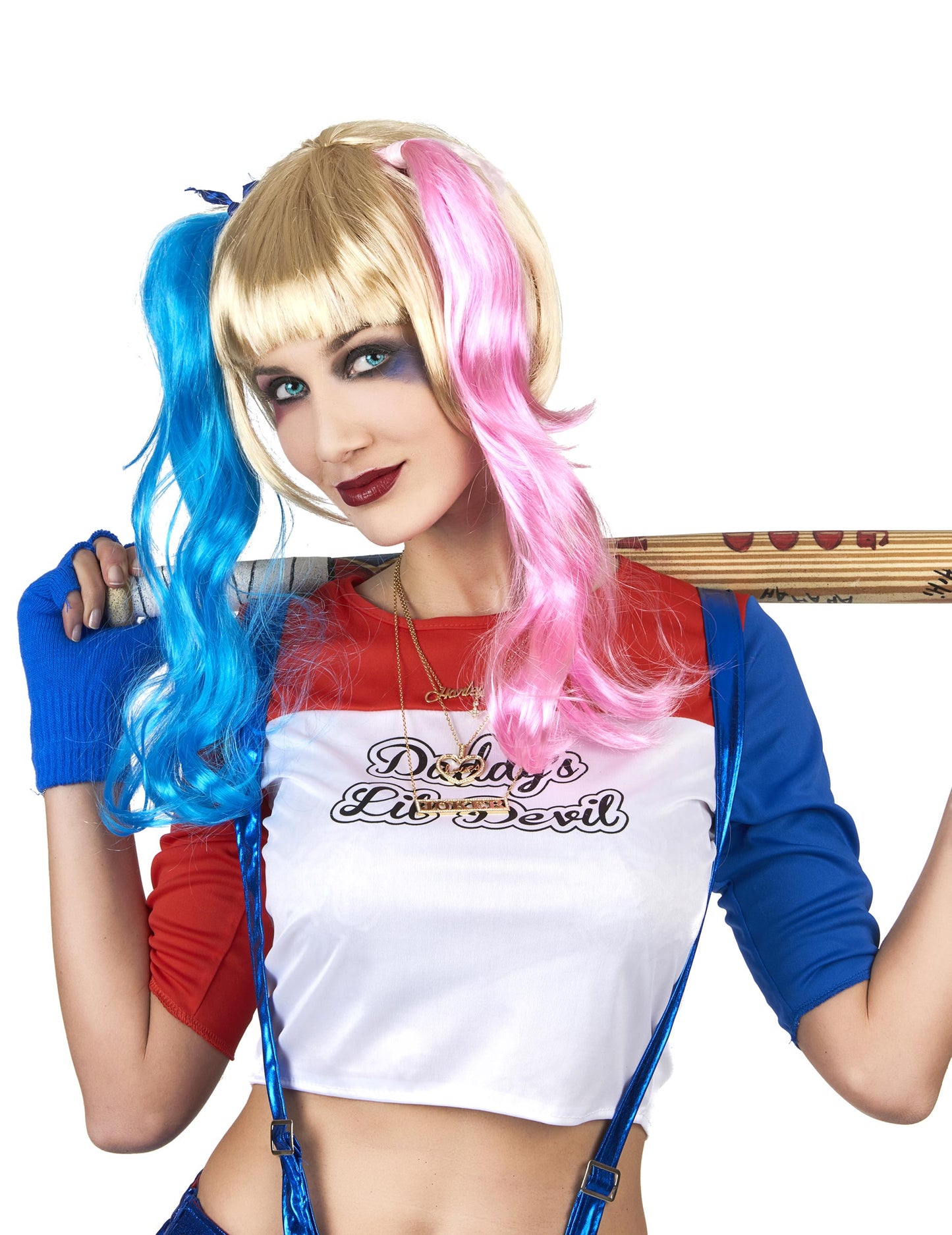 Perruque Arlequine diabolique pour femme blonde avec couettes rose et bleue
