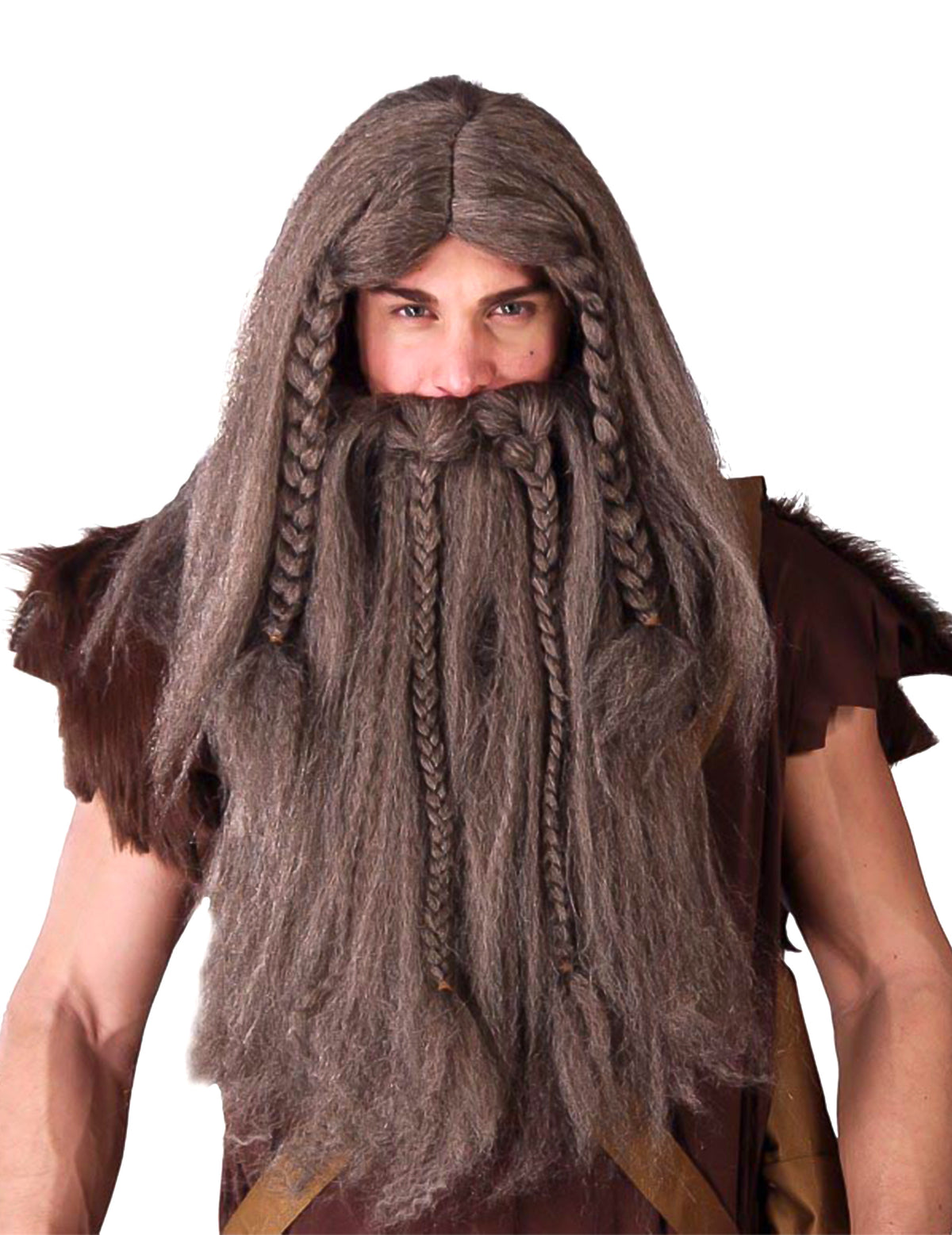 Perruque barbare viking pour homme marron avec longue barbe tressée
