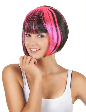 Dámská krátká černo-růžová čtvercová paruka s melírem