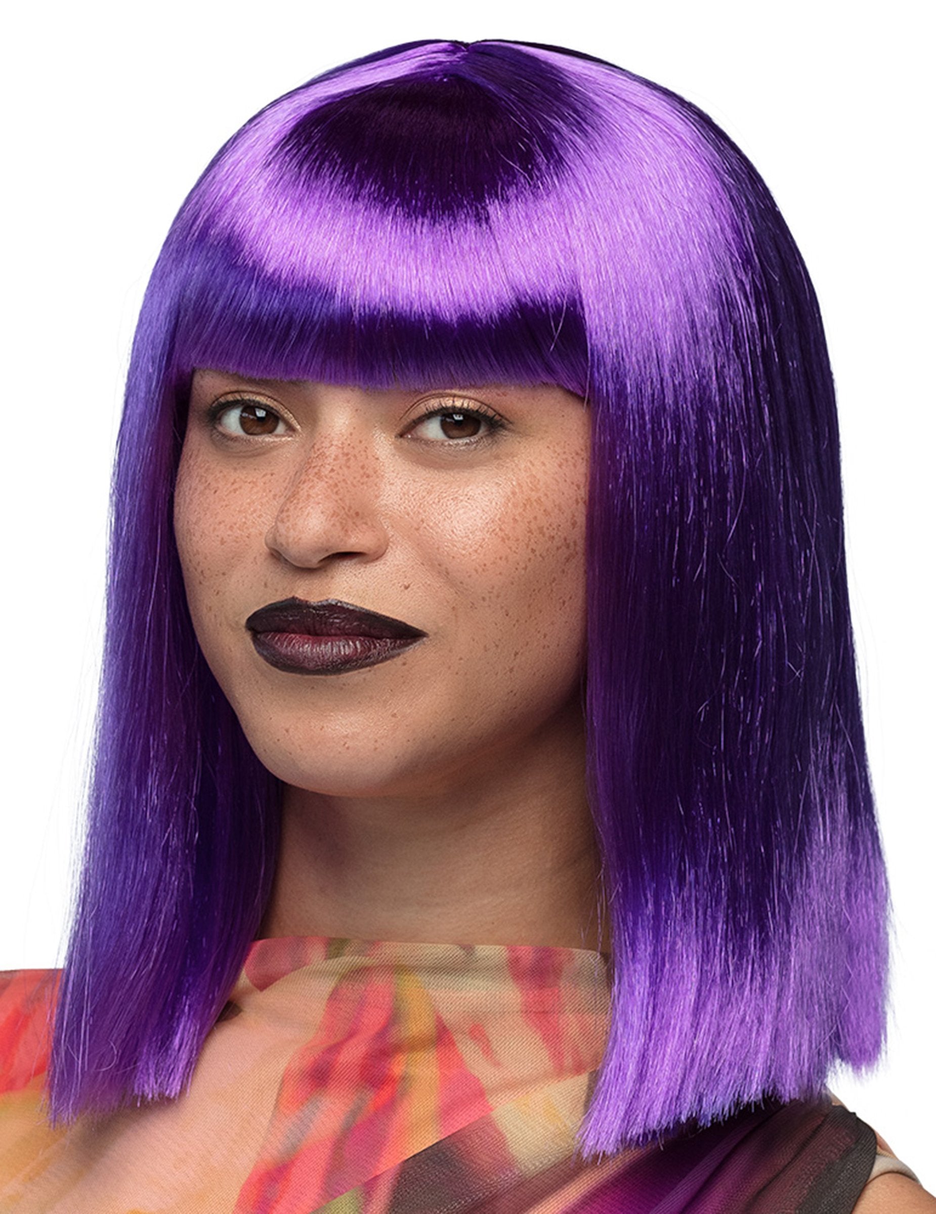 Perruque carré mi-long pour femme violette avec frange