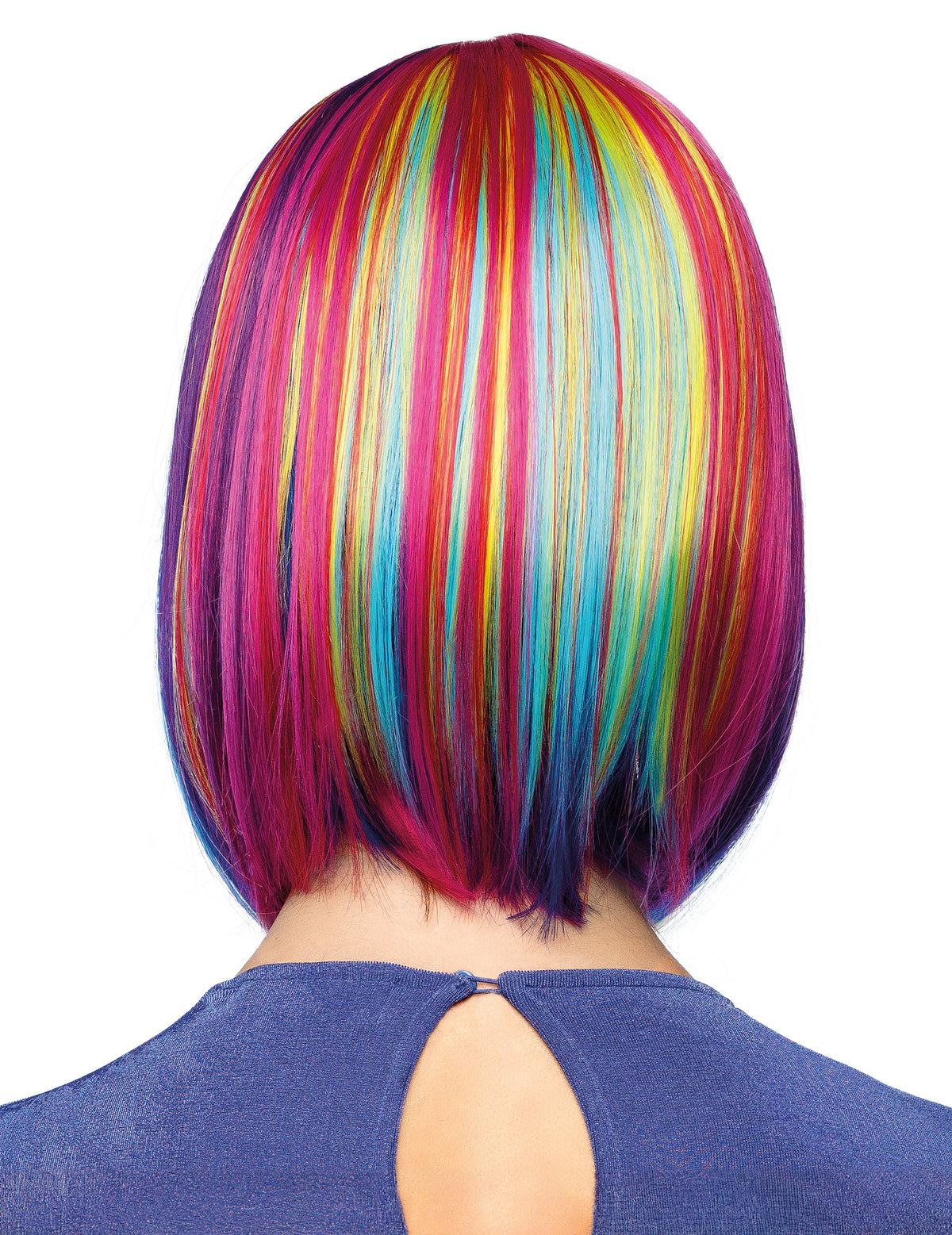 Vue de dos de la perruque carrée longue avec mèches multicolores pour femme arc-en-ciel