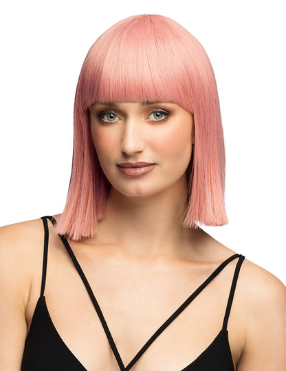 Vue de face de la perruque carrée luxe pour adulte rose saumon