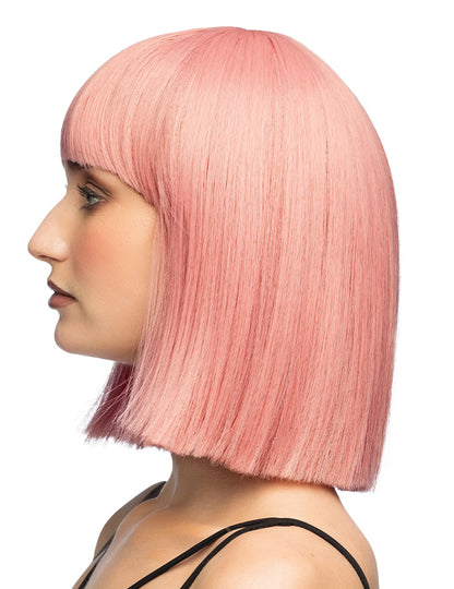 Vue de profil de la perruque carrée luxe pour adulte rose saumon