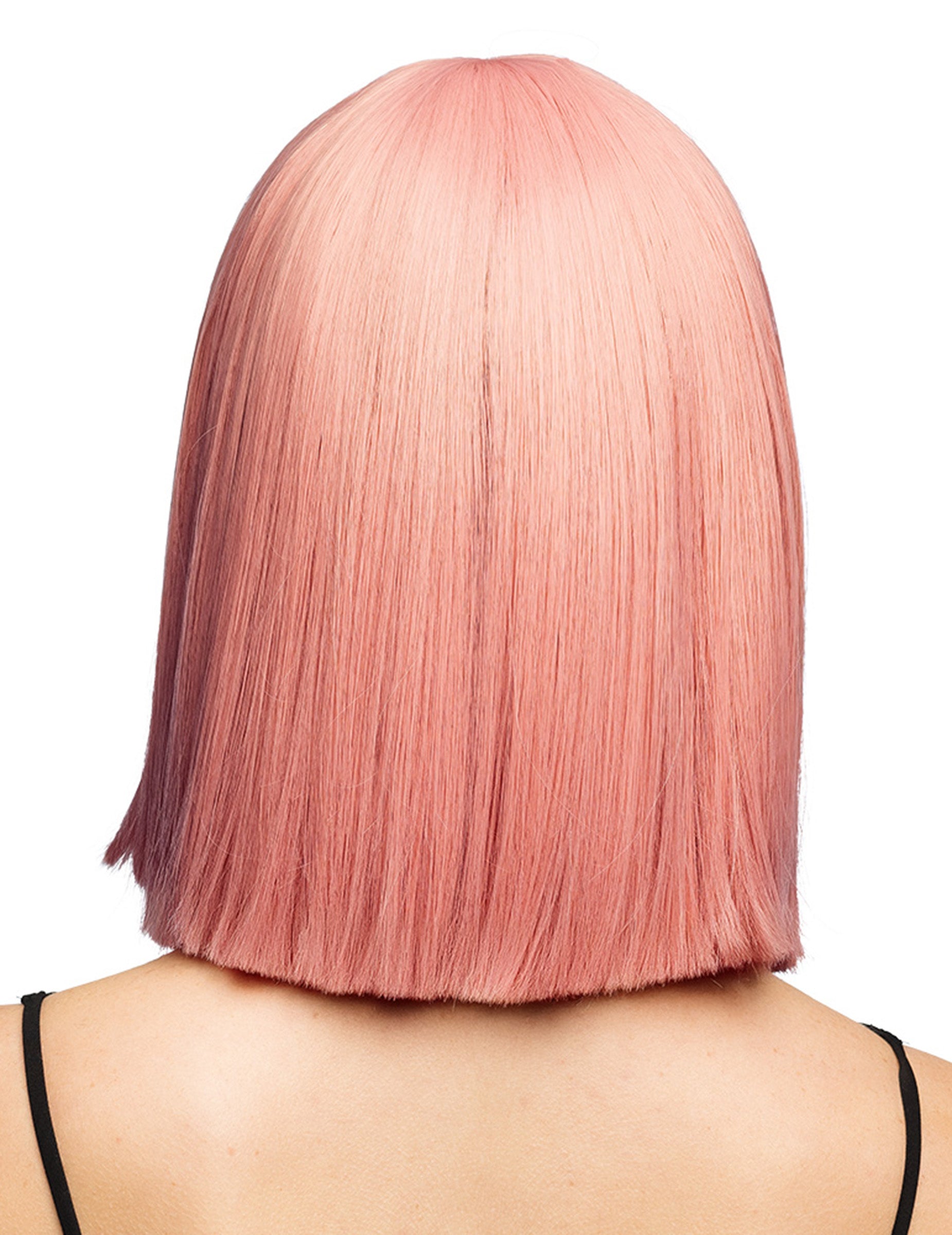 Vue de dos de la perruque carrée luxe pour adulte rose saumon