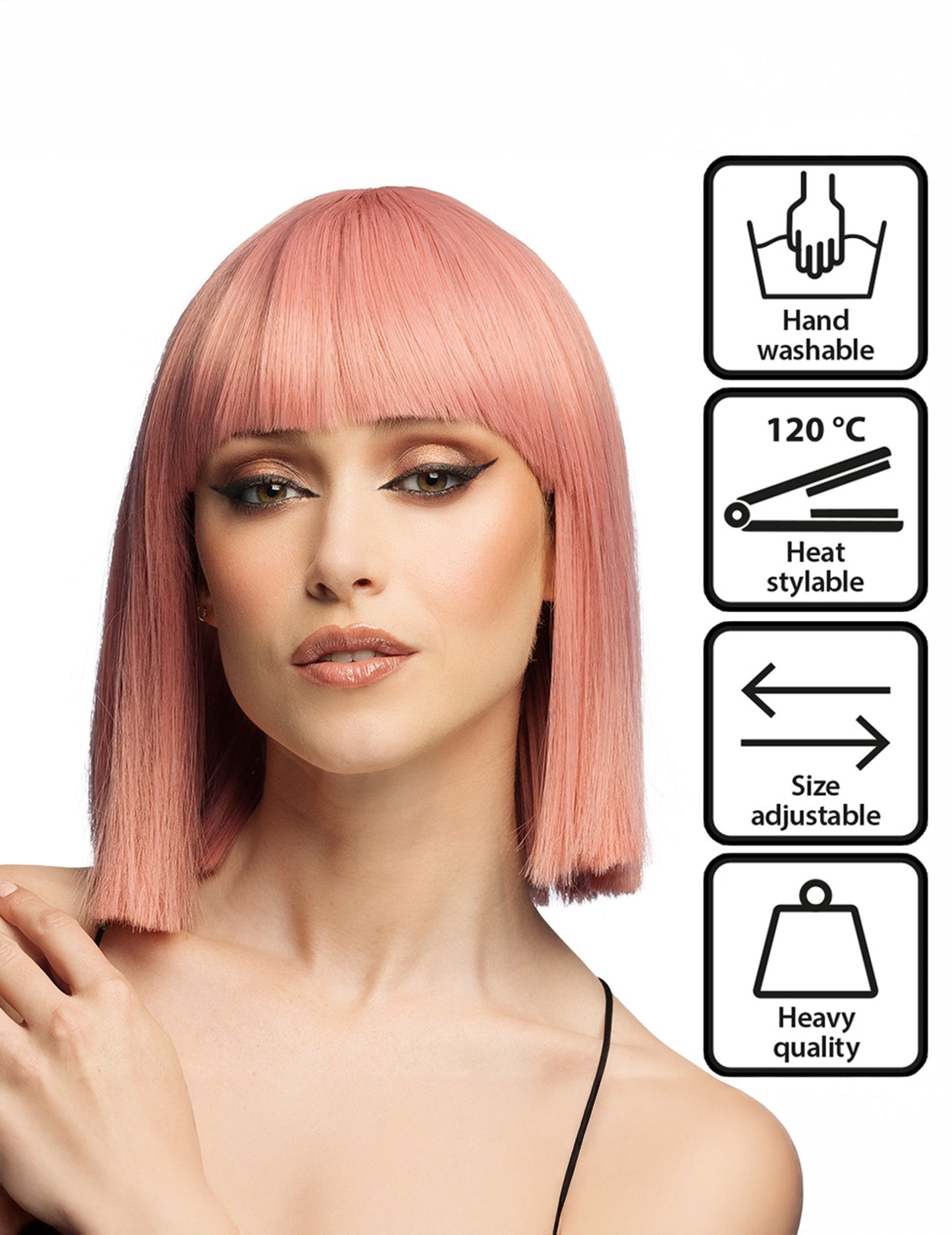 Détails des caractéristiques de la perruque carrée luxe pour adulte rose saumon