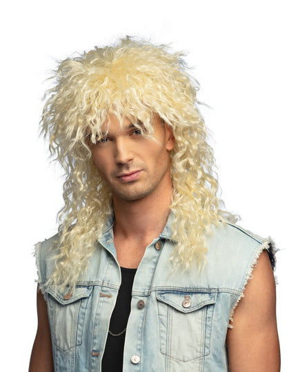 Perruque chanteur rock pour adulte blonde frisée volumineuse
