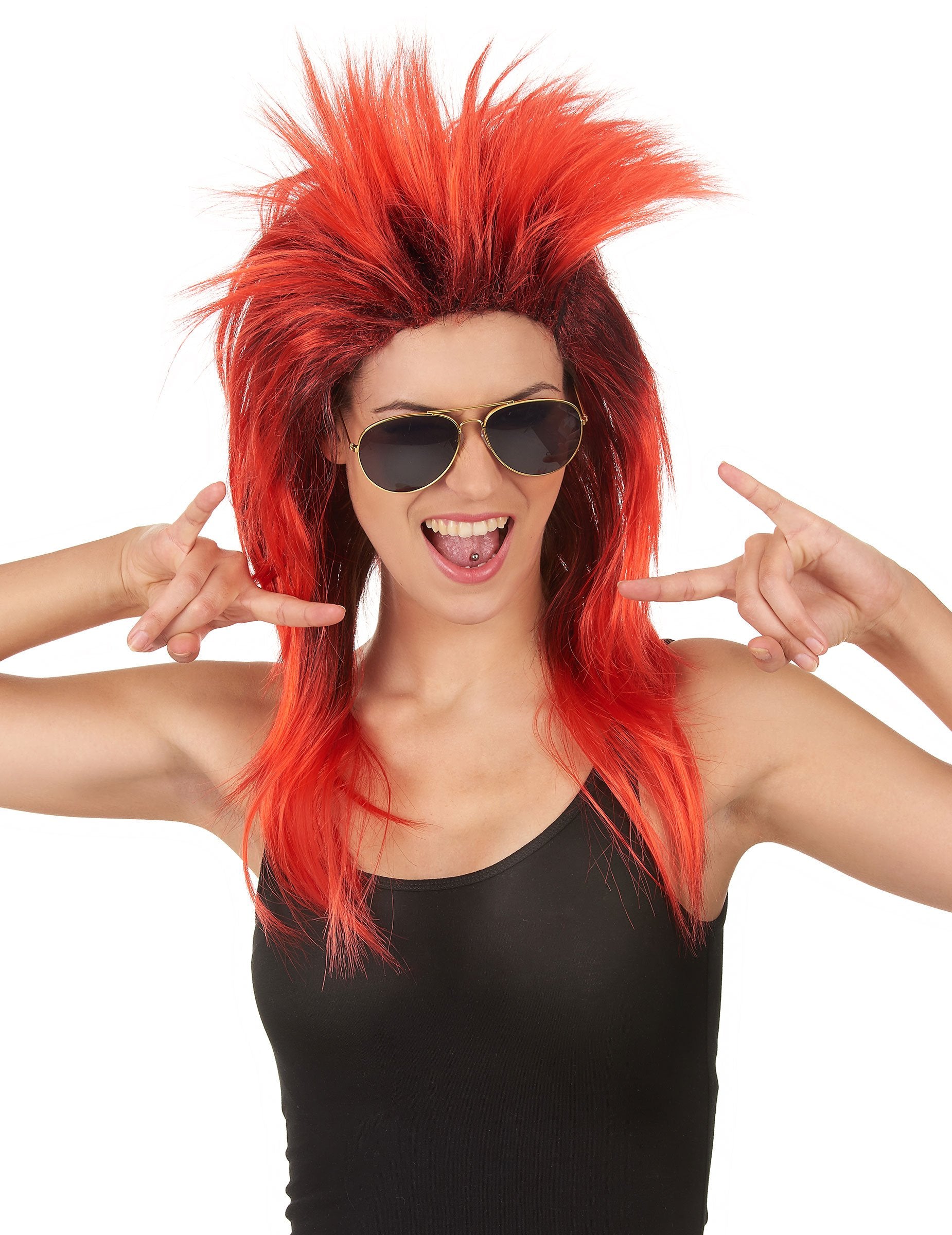 Perruque chanteuse de rock pour femme rouge et noire