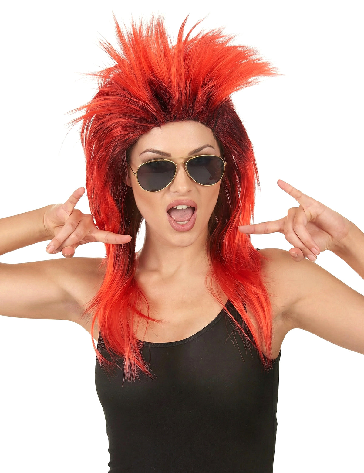 Perruque chanteuse de rock pour femme rouge et noire