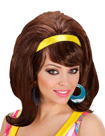 Hnědá paruka 60. let se žlutou stuhou pro ženy