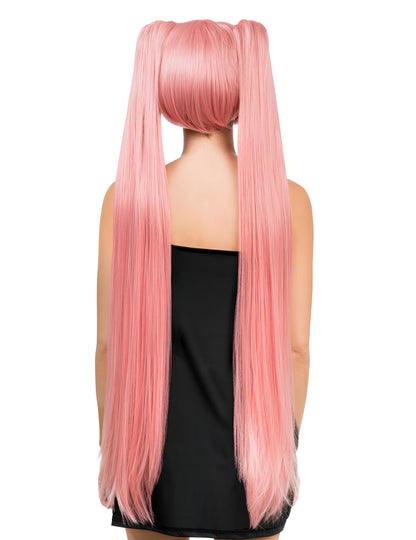 Luxusní cosplay paruka s dlouhými pastelově růžovými culíky pro dospělé 
