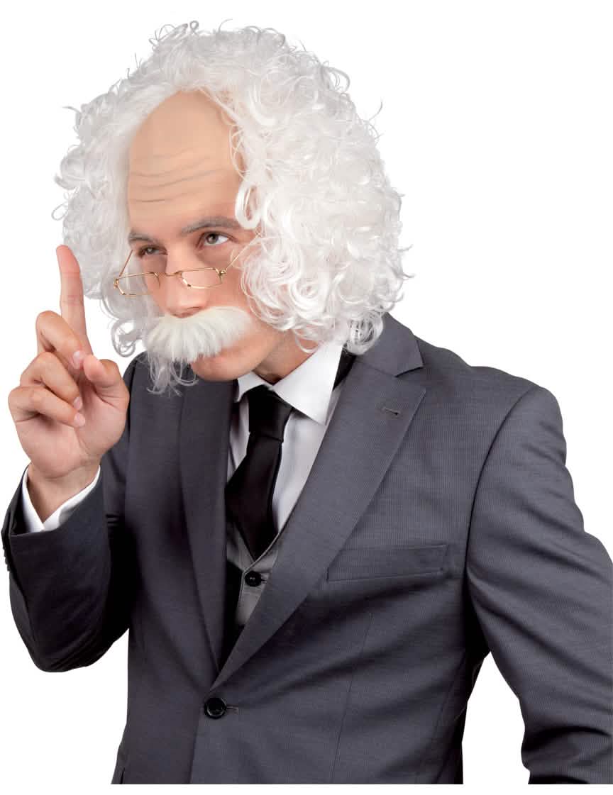 Bílá rozcuchaná paruka Einstein pro muže s ustupující linií vlasů na čele