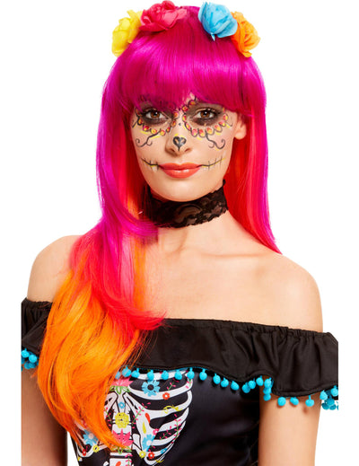 Perruque Dia de los muertos pour adulte rose et orange avec fleurs colorées