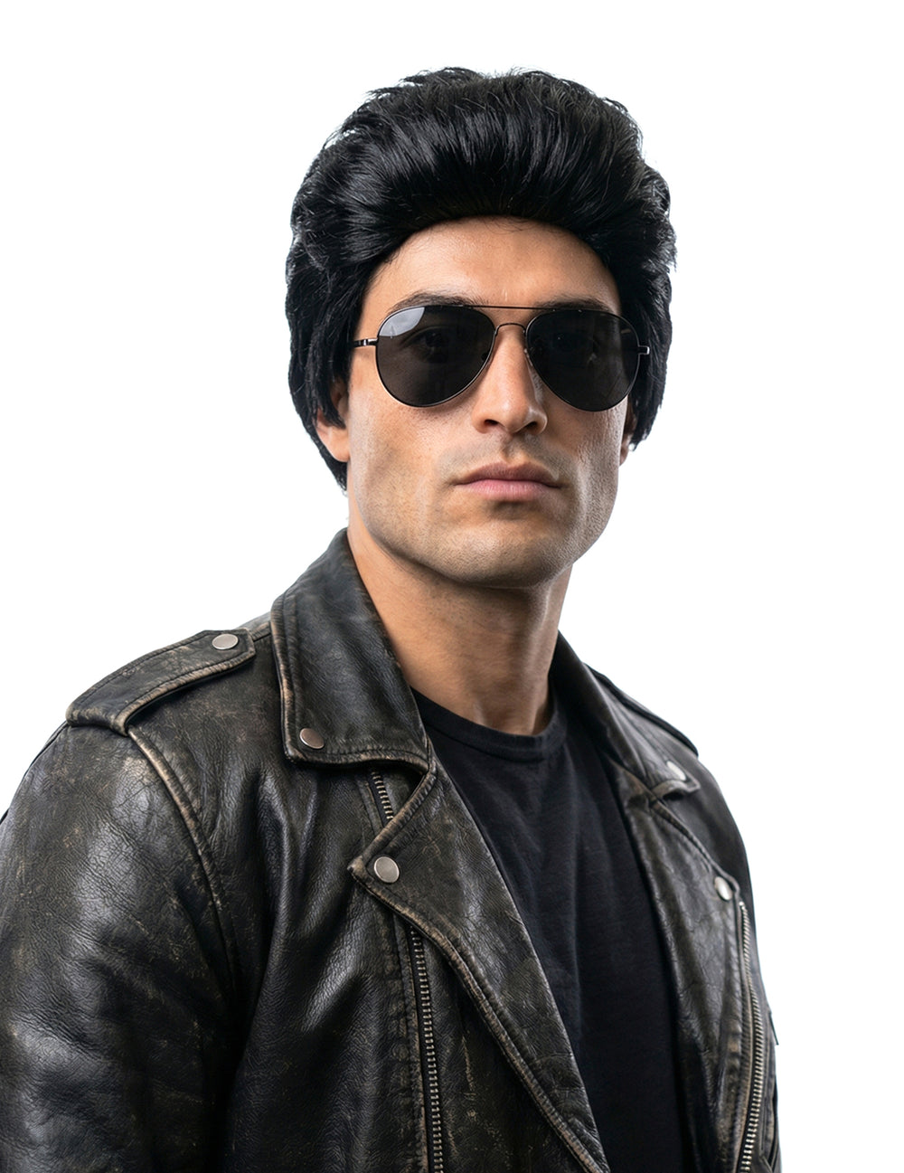 Vue de face avec lunettes de soleil de la perruque Elvis pour adulte