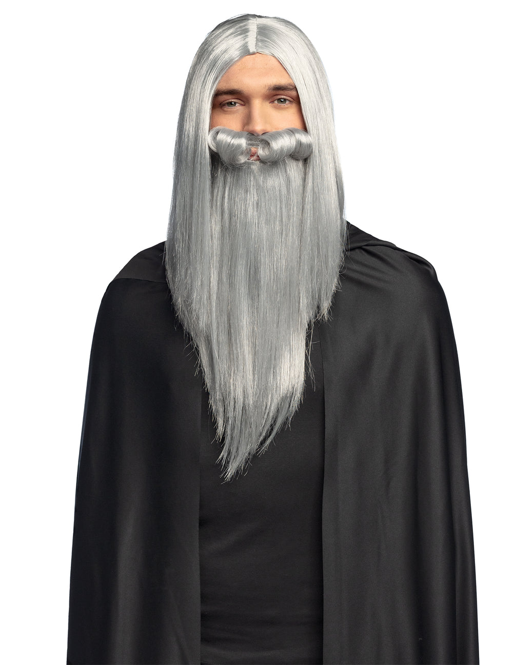 Perruque et barbe de sorcier magicien pour adulte gris