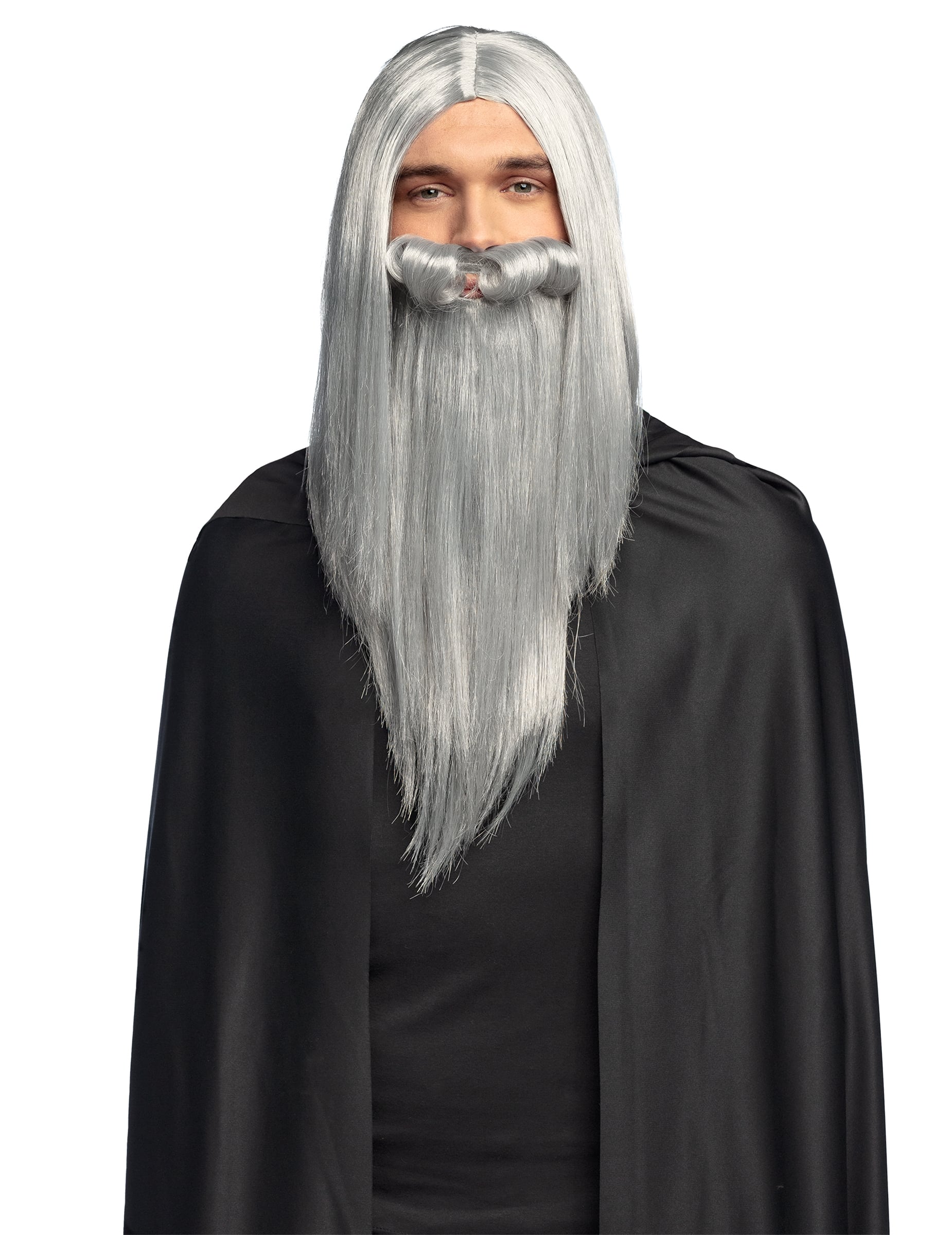 Perruque et barbe de sorcier magicien pour adulte gris