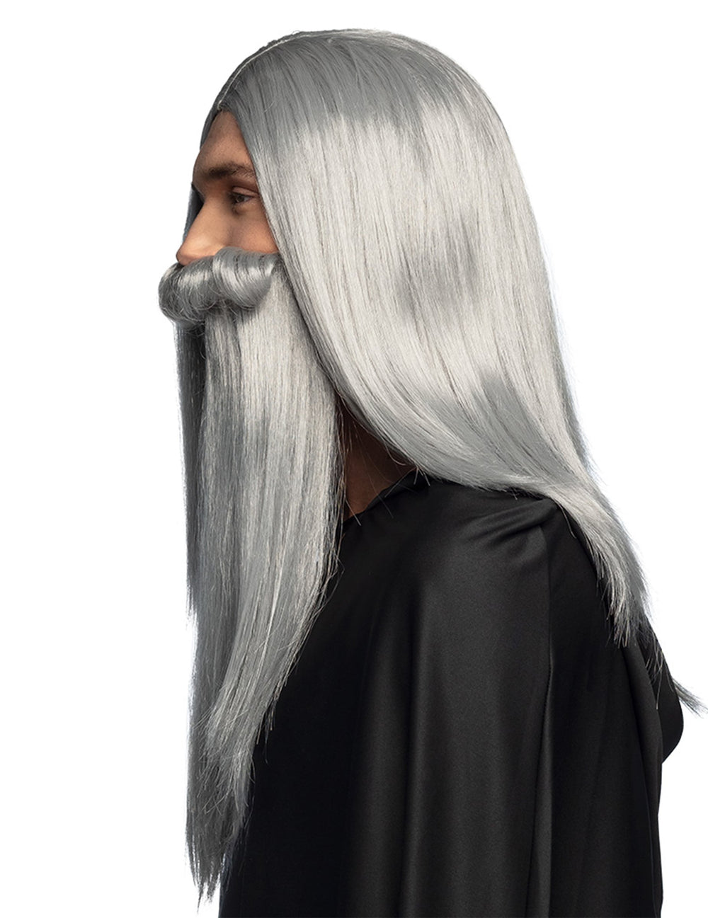 Vue de profil de la perruque et barbe de sorcier magicien pour adulte