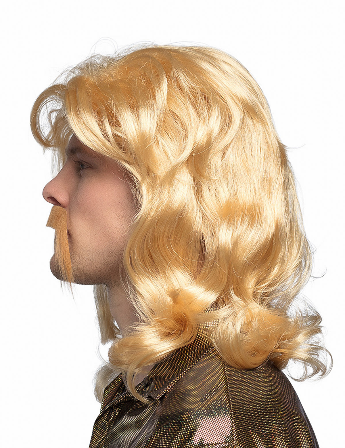 Vue de profil de la perruque et moustache disco pour homme