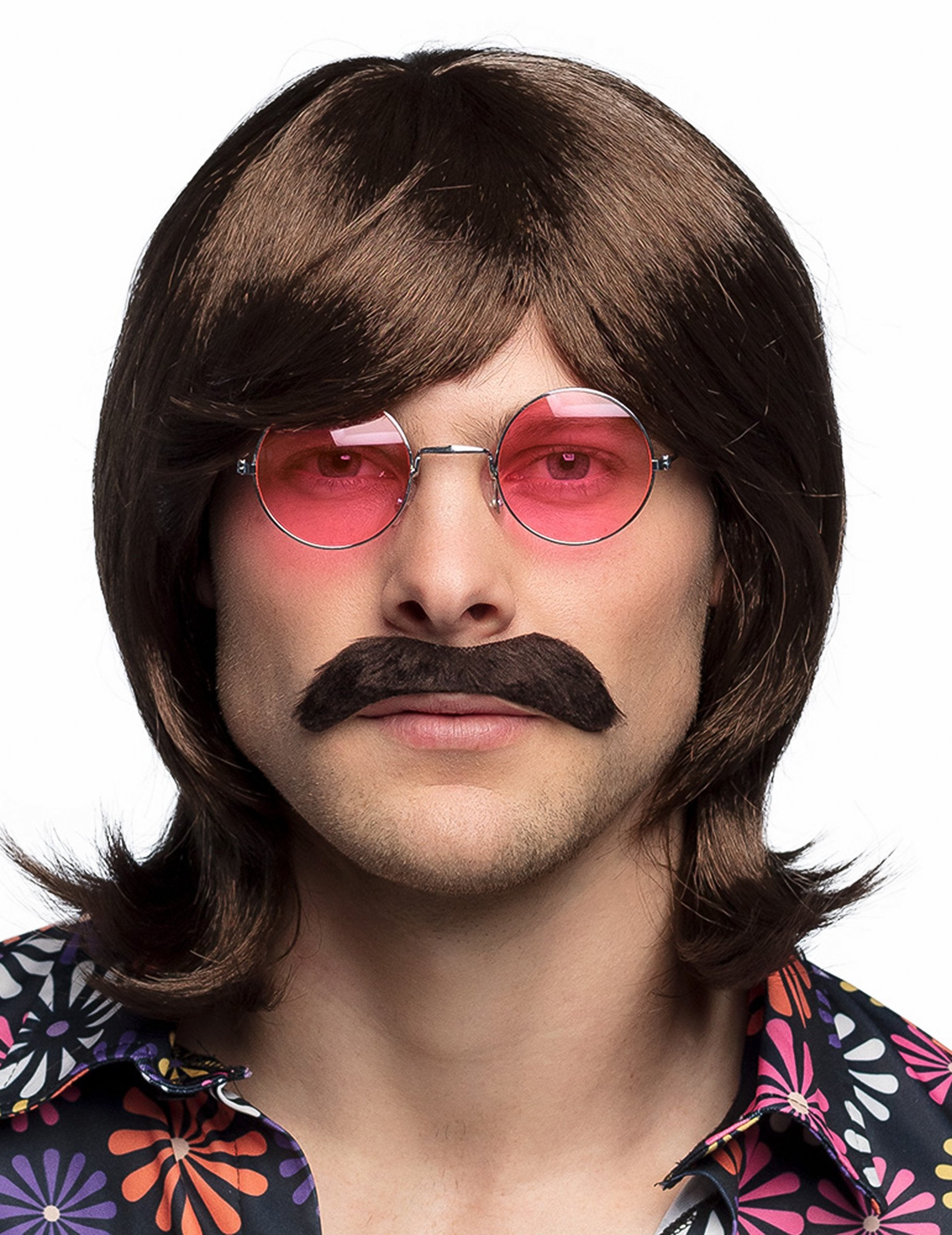 Detail hnědé paruky a kníru pro muže