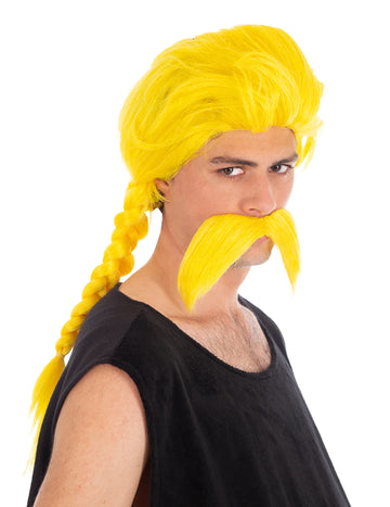Perruque et moustache Ordralphabétix Astérix et Obélix pour homme jaune avec tresse