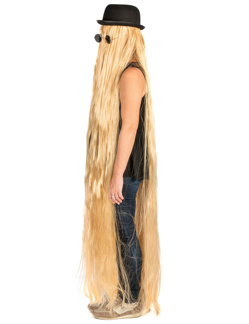 Boční pohled na extra dlouhou blond paruku pro dospělý